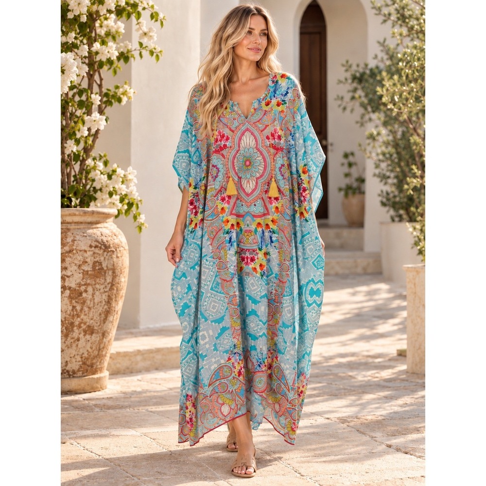 Johnny Was California S/M Boho Floral Paisley Maxi Kaftan Dress Resort Cover Up